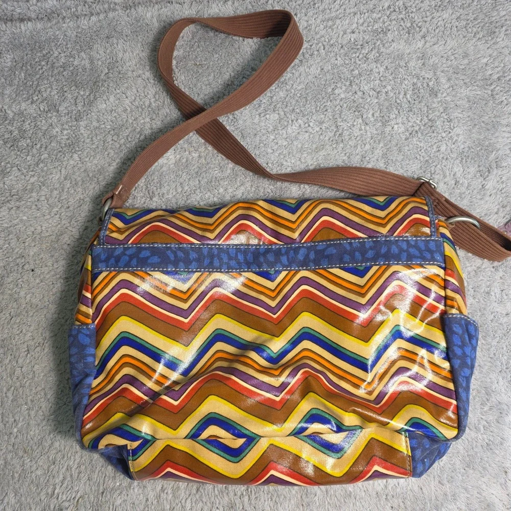Fossil KeyPer Messenger Laptop Bag Blue Orange Zig Zag‎ Coated Canvas Key Fob